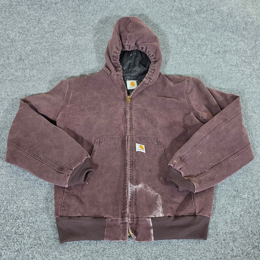 Rare 90s Carhartt Faded Burgundy Quilted Lined Duck Canvas Hooded Jacket Men M